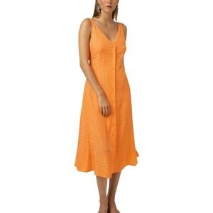 FRNCH Paris "Cecile" Floral Jacquard Belted Button-Front Orange Midi Dress Sz S